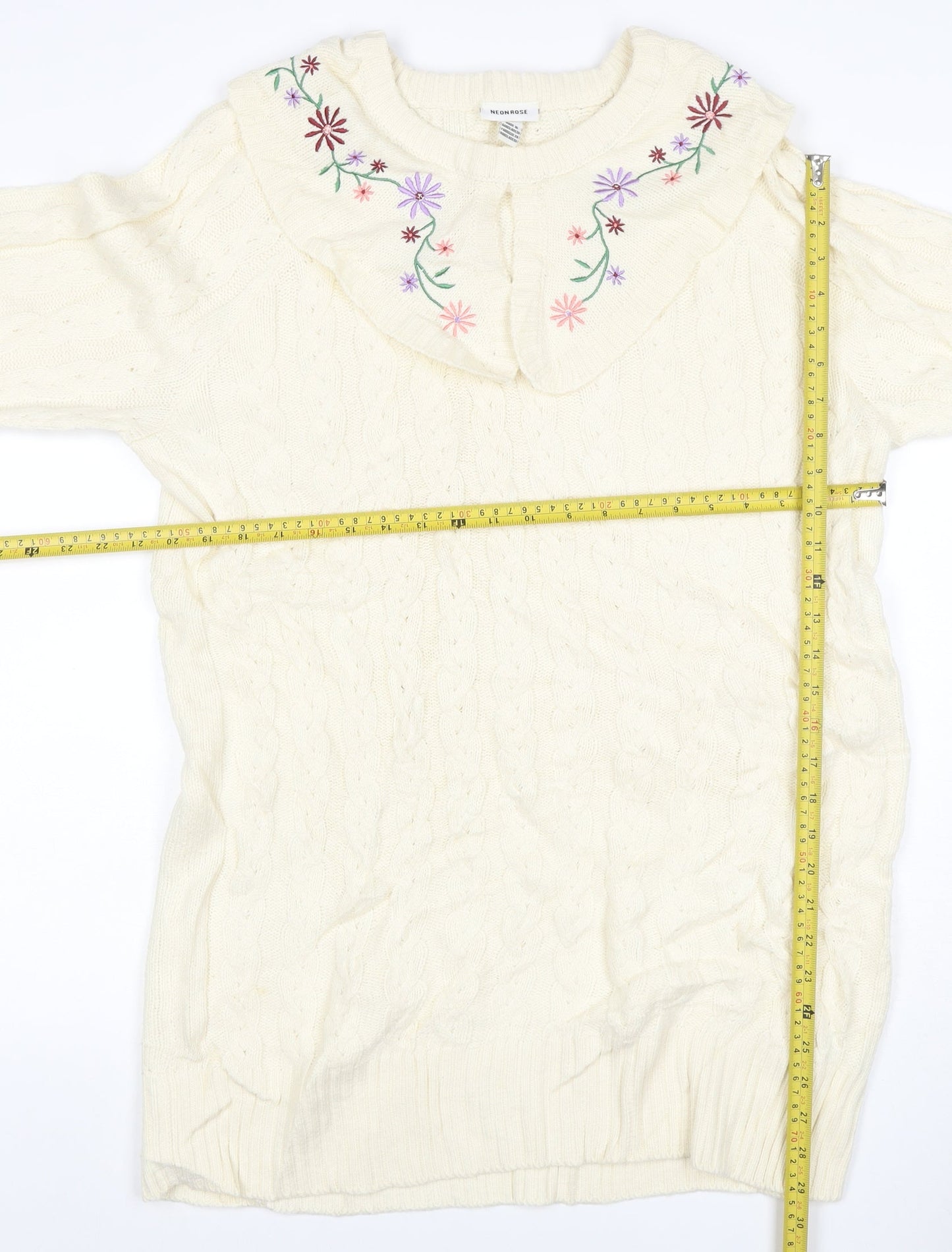 Neon Rose Women’s Ivory M Cable Knit Floral Embroidered Ruffle Jumper