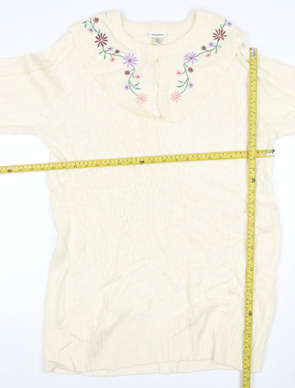 Neon Rose Women’s Ivory M Cable Knit Floral Embroidered Ruffle Jumper