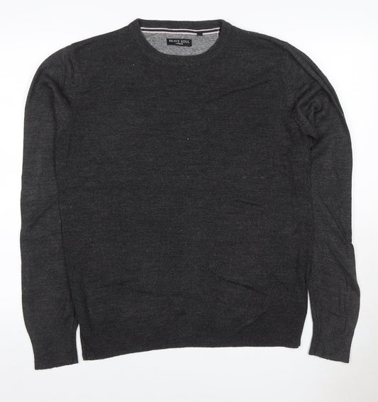Brave Soul Men’s Grey M Crew Neck Fine Knit Acrylic Pullover Jumper