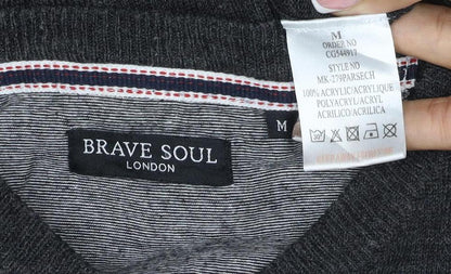 Brave Soul Men’s Grey M Crew Neck Fine Knit Acrylic Pullover Jumper