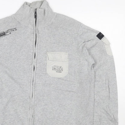 Dissident Men's Grey M Full Zip High Neck Knit Jumper Pocket Logo