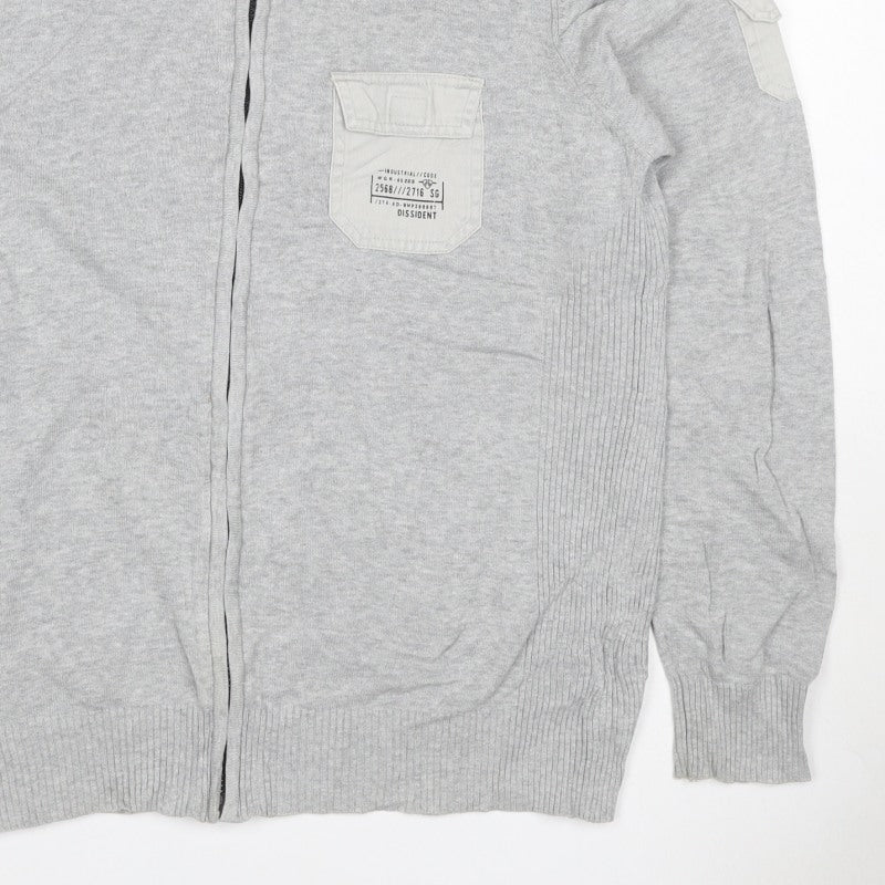 Dissident Men's Grey M Full Zip High Neck Knit Jumper Pocket Logo