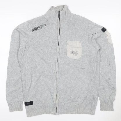 Dissident Men's Grey M Full Zip High Neck Knit Jumper Pocket Logo