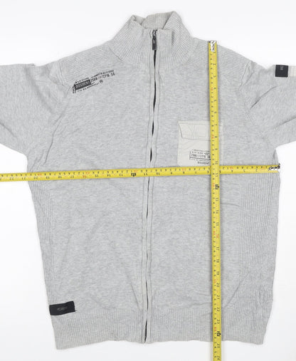 Dissident Men's Grey M Full Zip High Neck Knit Jumper Pocket Logo