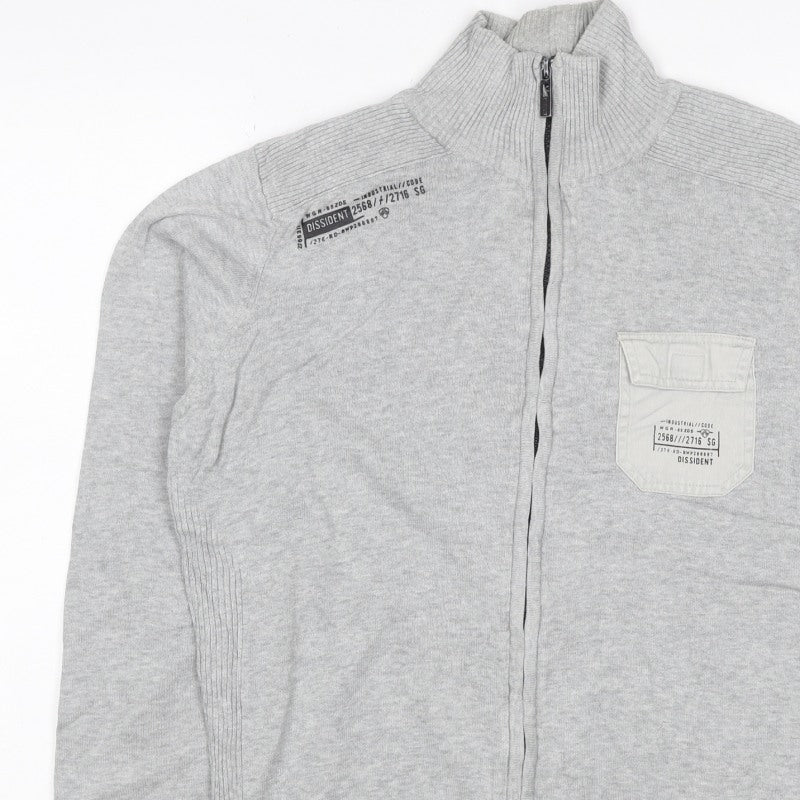 Dissident Men's Grey M Full Zip High Neck Knit Jumper Pocket Logo