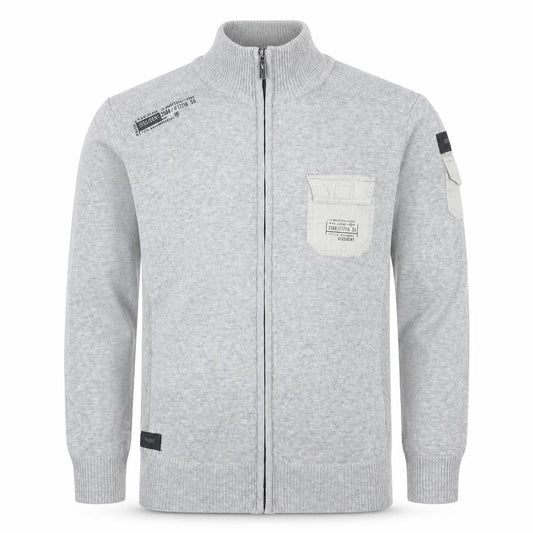 Front view of Dissident Men's Grey M Full Zip High Neck Knit Jumper Pocket Logo