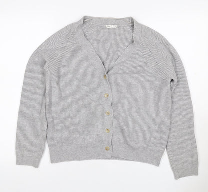 Oysho Women Grey S Rib Knit V-Neck Button Cardigan