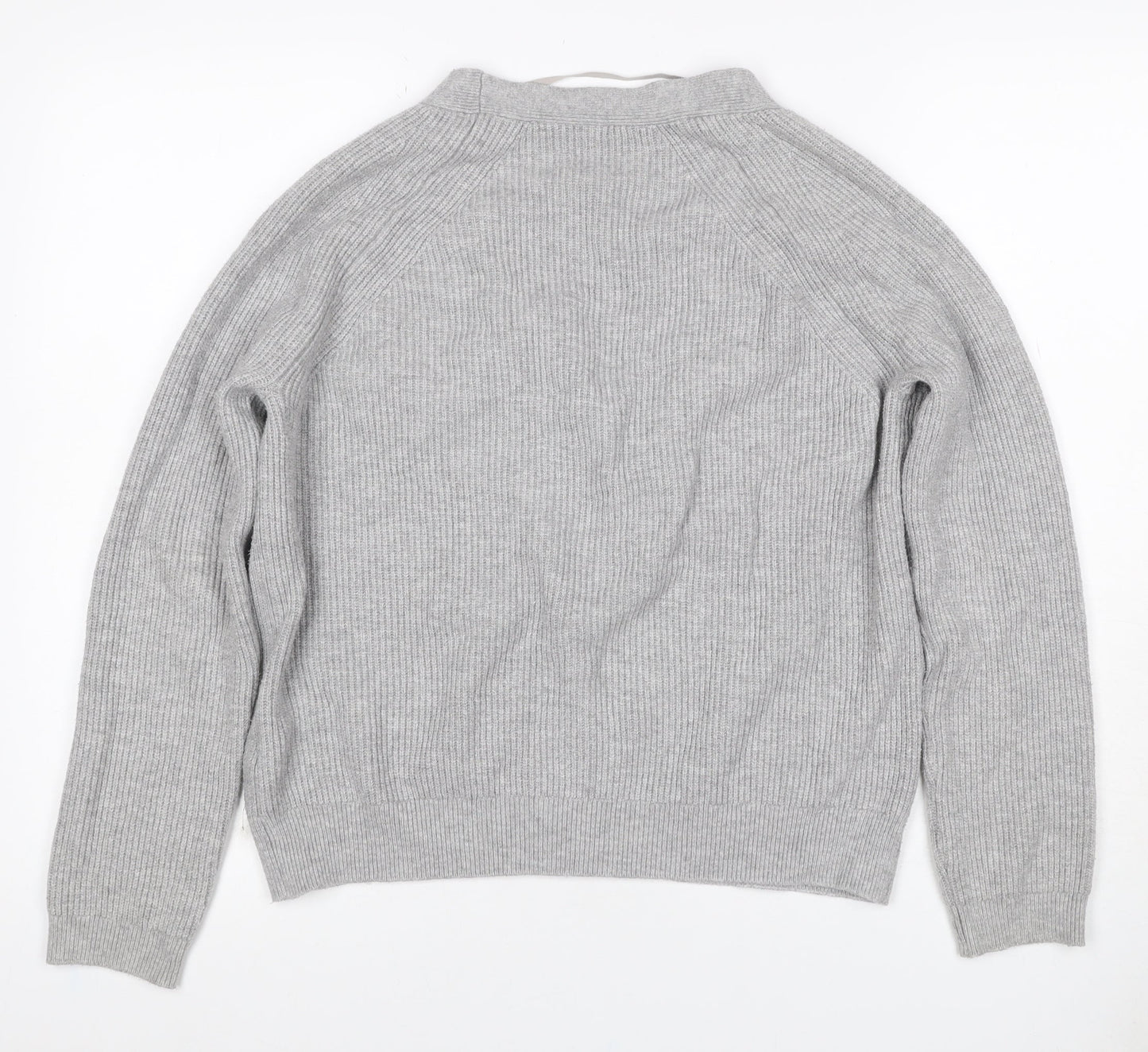 Oysho Women Grey S Rib Knit V-Neck Button Cardigan