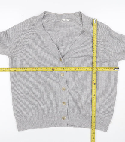 Oysho Women Grey S Rib Knit V-Neck Button Cardigan