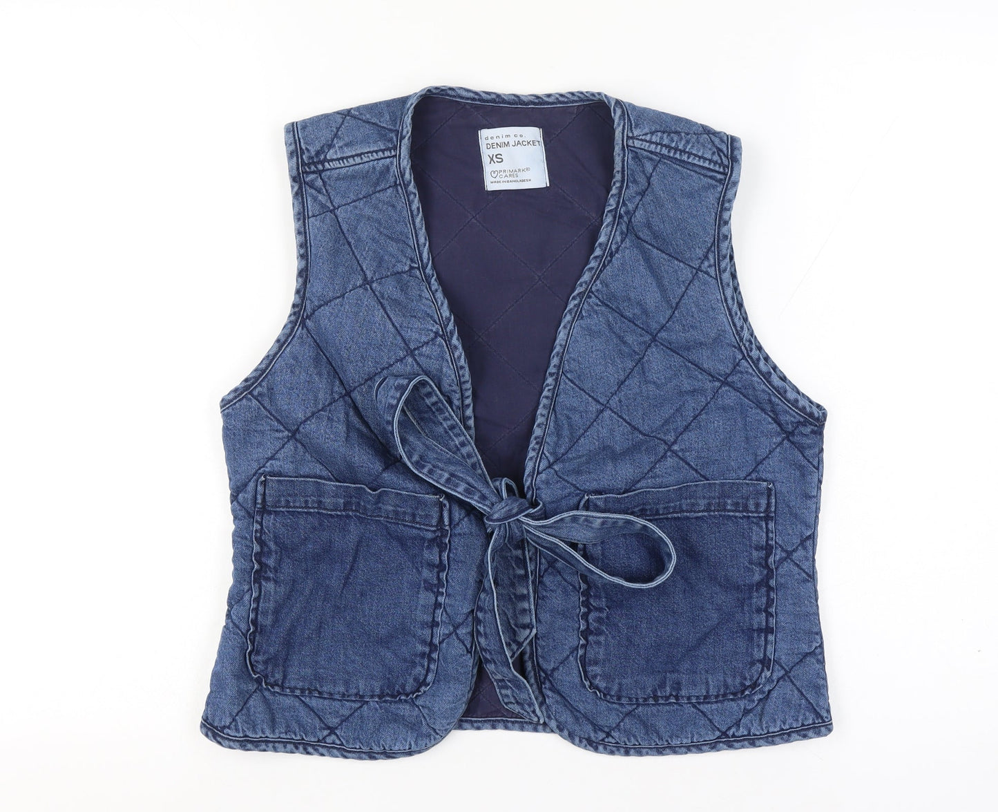 Primark Women Blue XS Quilted Denim Tie Waistcoat Pockets