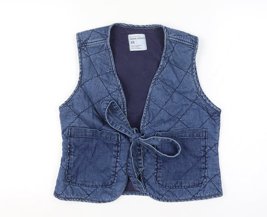Primark Women Blue XS Quilted Denim Tie Waistcoat Pockets