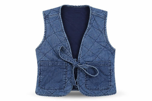 Primark Women Blue XS Quilted Denim Tie Waistcoat Pockets