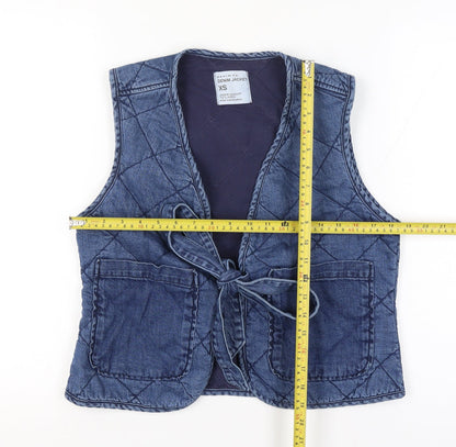 Primark Women Blue XS Quilted Denim Tie Waistcoat Pockets