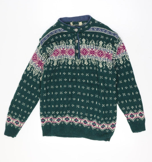 Additional front view of L.L.Bean Women’s Green Fair Isle Wool Henley Jumper, size S, Vintage