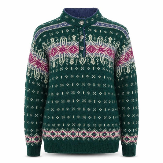 Front view of L.L.Bean Women’s Green Fair Isle Wool Henley Jumper, size S, Vintage