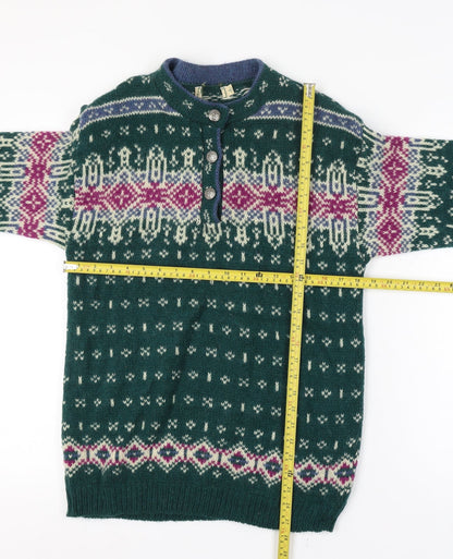 L.L.Bean Women’s Green Fair Isle Wool Henley Jumper Size S Vintage