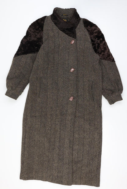 Luba Paris Women Brown Size 16 Wool Fur Trim Herringbone Long Overcoat