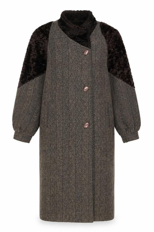Luba Paris Women Brown Size 16 Wool Fur Trim Herringbone Long Overcoat