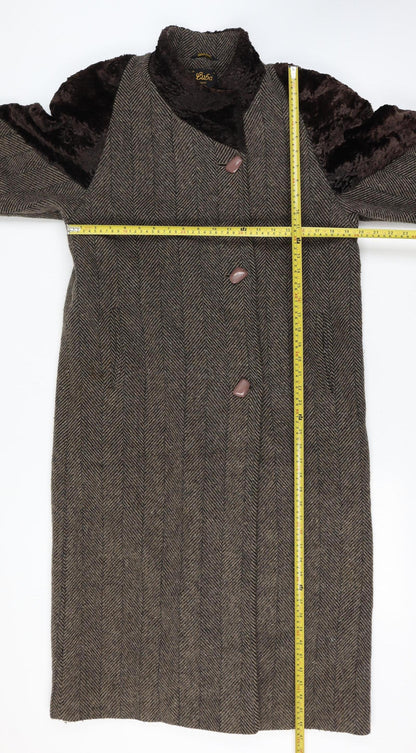 Luba Paris Women Brown Size 16 Wool Fur Trim Herringbone Long Overcoat