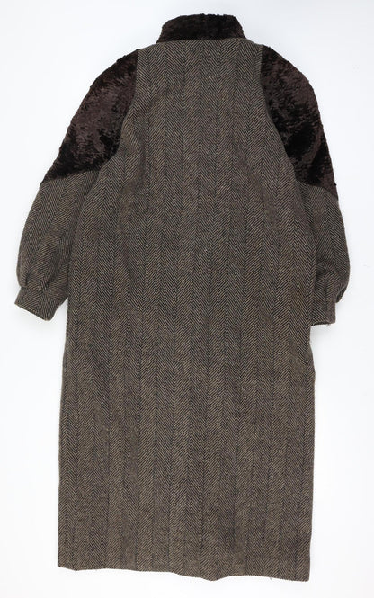 Luba Paris Women Brown Size 16 Wool Fur Trim Herringbone Long Overcoat