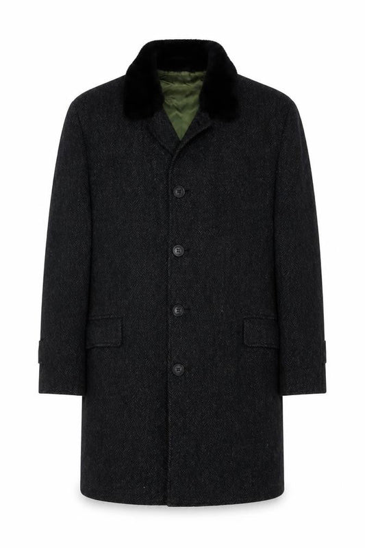 Jordan Marsh Chest 44 Men’s Black Herringbone Long Overcoat Classic Vintage