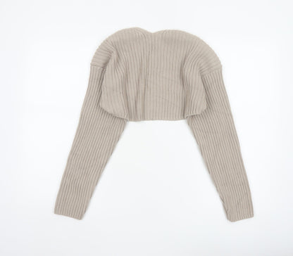 H&M Women Beige XS Cropped Open Rib Knit Cable Cardigan Long Sleeve