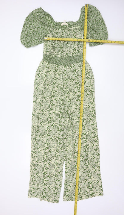 FatFace Women Green Floral UK 8R Puff Sleeve Wide-Leg Jumpsuit