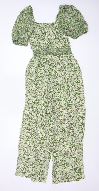 FatFace Women Green Floral UK 8R Puff Sleeve Wide-Leg Jumpsuit