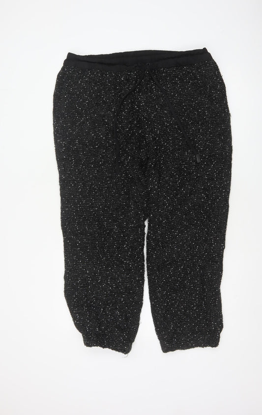Zara Women Black Textured Knit Jogger Trousers XL Drawstring