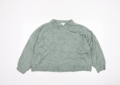 H&M Women Green XL Pearl Beaded Mock Neck Balloon Sleeve Jumper