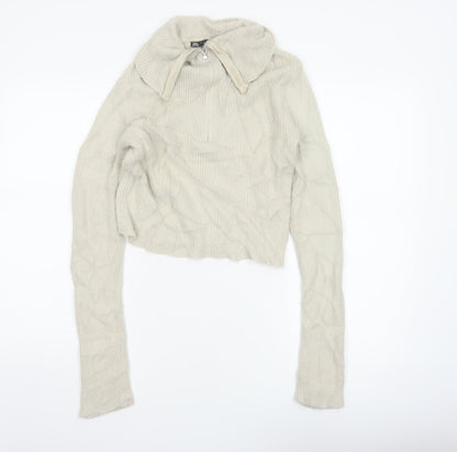 Zara Women Ivory UK 12 Slim Knit Roll Neck 1/4 Zip Jumper