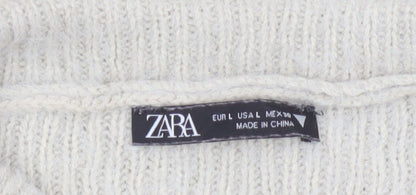 Zara Women Ivory UK 12 Slim Knit Roll Neck 1/4 Zip Jumper
