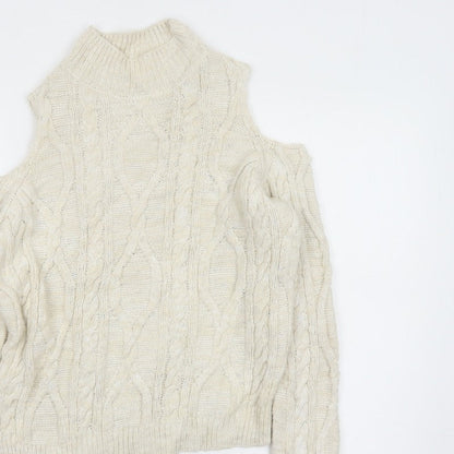 River Island Women Ivory Size 8 Cold Shoulder Cable Knit Jumper