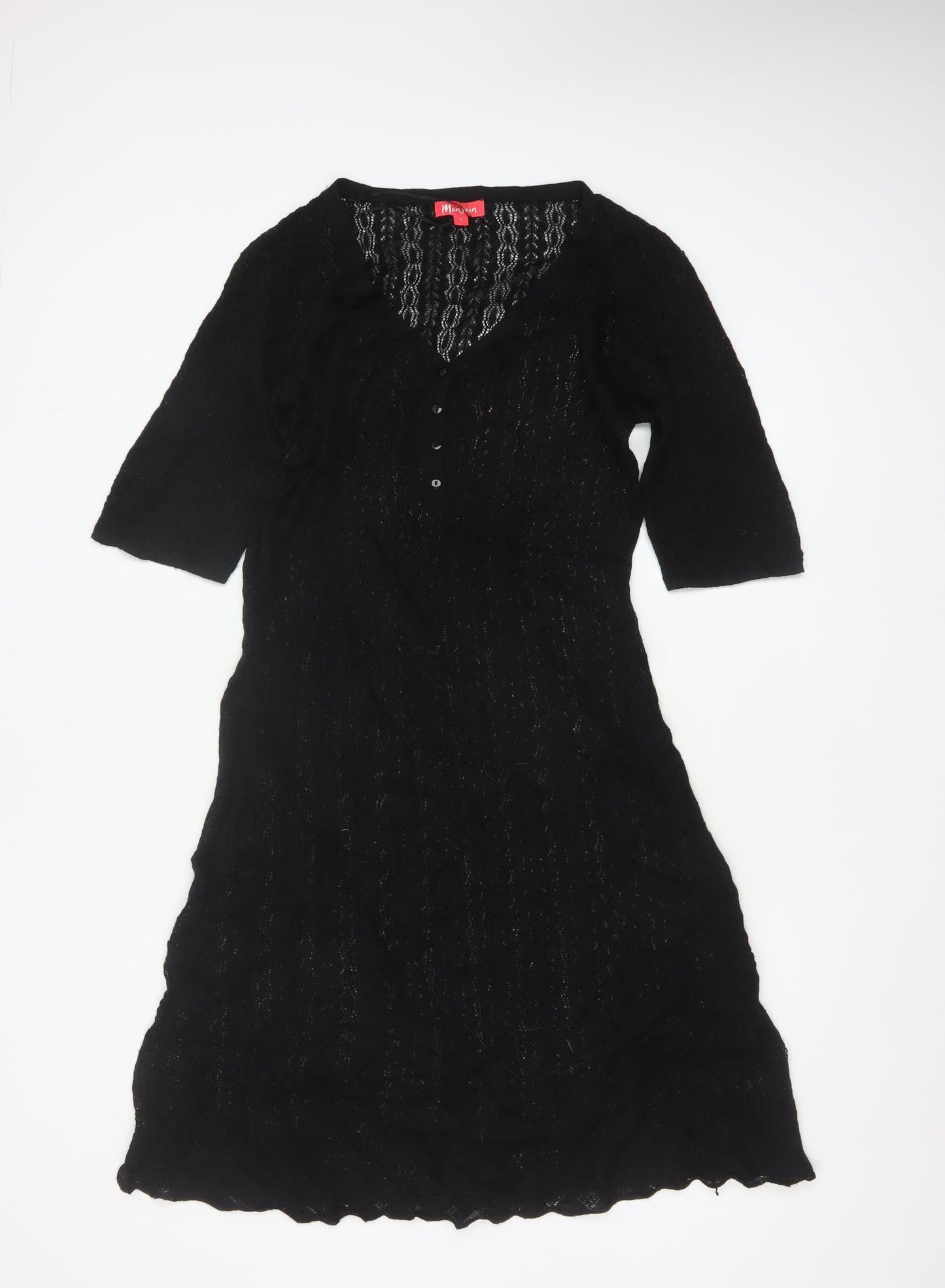 Monsoon Women Black L A-Line Knit Long V-Neck Button Dress