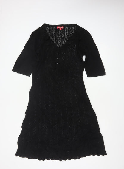 Monsoon Women Black L A-Line Knit Long V-Neck Button Dress