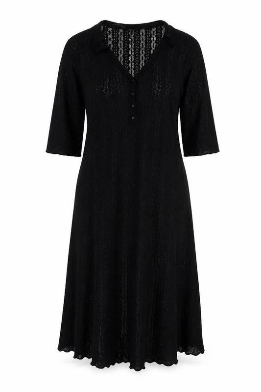 Monsoon Women Black L A-Line Knit Long V-Neck Button Dress