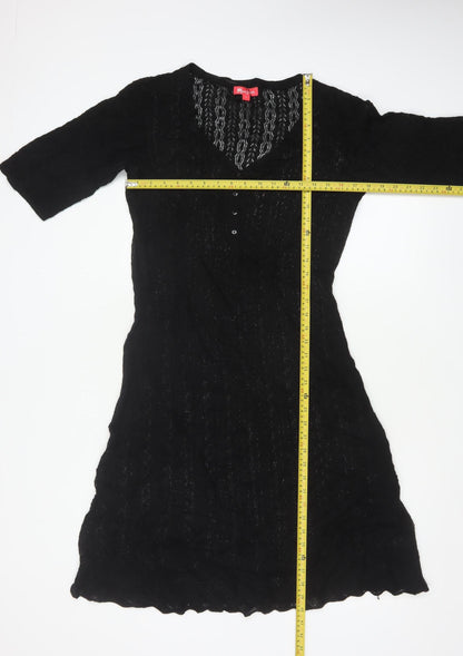 Monsoon Women Black L A-Line Knit Long V-Neck Button Dress