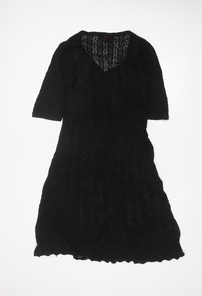 Monsoon Women Black L A-Line Knit Long V-Neck Button Dress