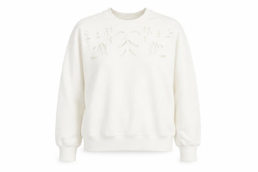 H&M Women Ivory S Floral Embroidered Cutwork Crew Neck Sweatshirt