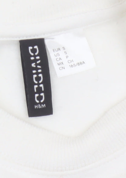 H&M Women Ivory S Floral Embroidered Cutwork Crew Neck Sweatshirt
