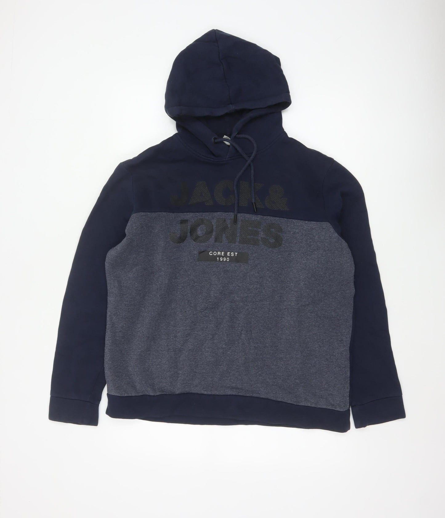 Jack & Jones Men Navy Grey L Pullover Hoodie Logo Graphic