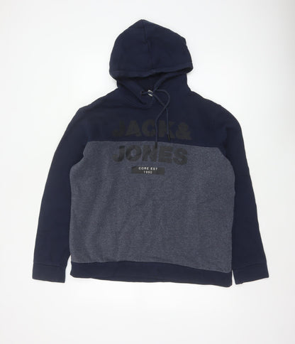 Jack & Jones Men Navy Grey L Pullover Hoodie Logo Graphic