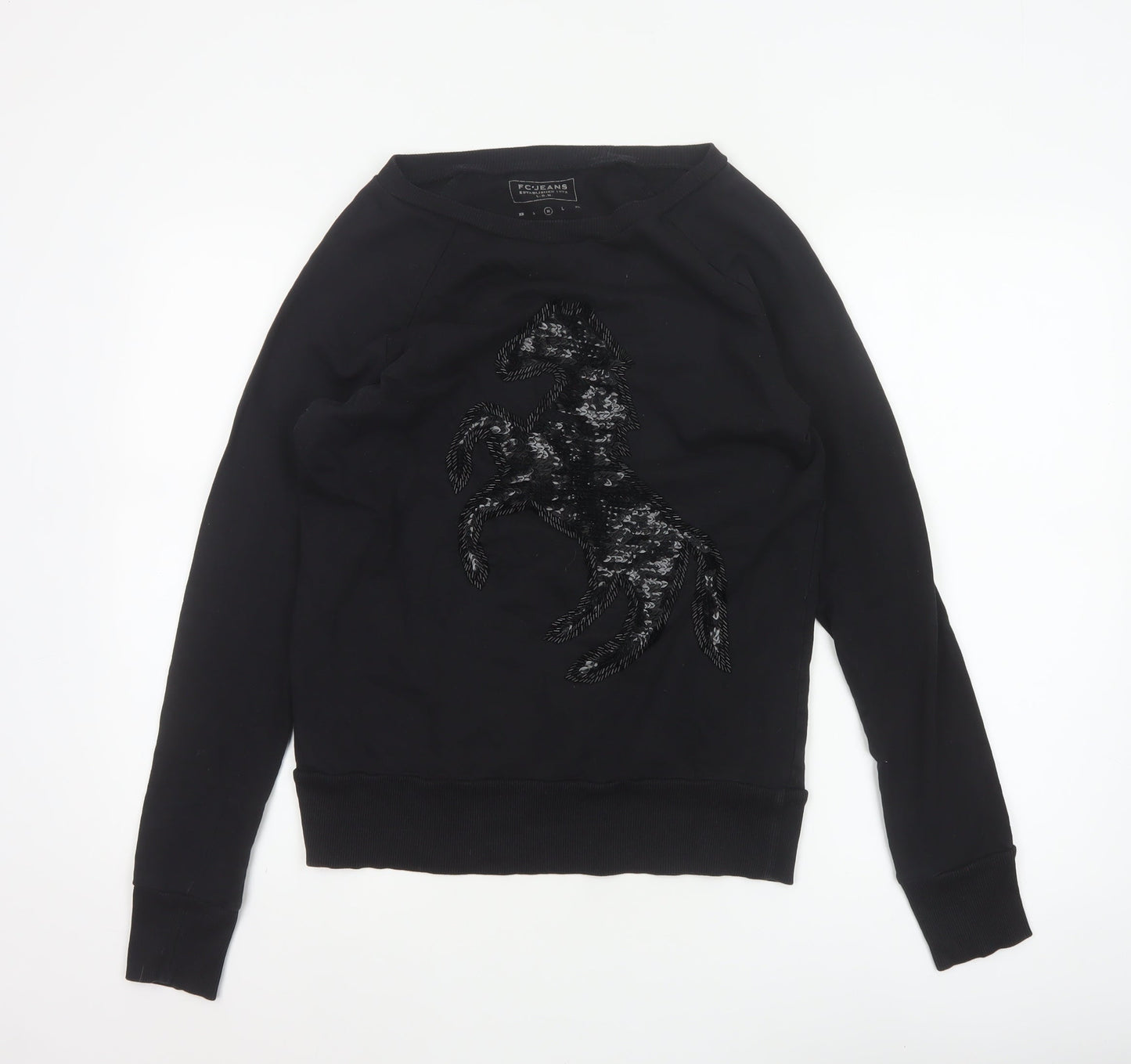 FC Jeans Women’s Black M Sequin Lizard Crew Neck Cotton Sweatshirt