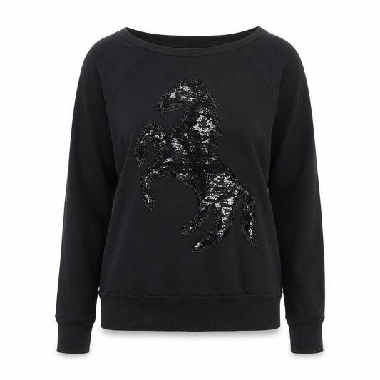 Front view of FC Jeans Women’s Black M Sequin Lizard Crew Neck Cotton Sweatshirt