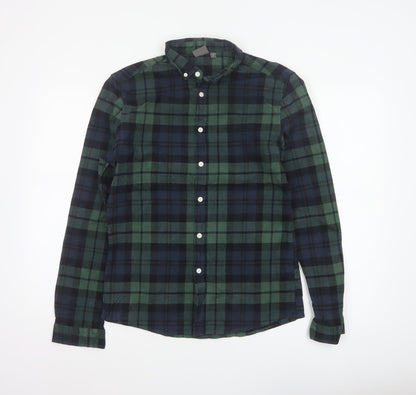 ASOS Men Green Navy Plaid Button-Down Long Sleeve Shirt M