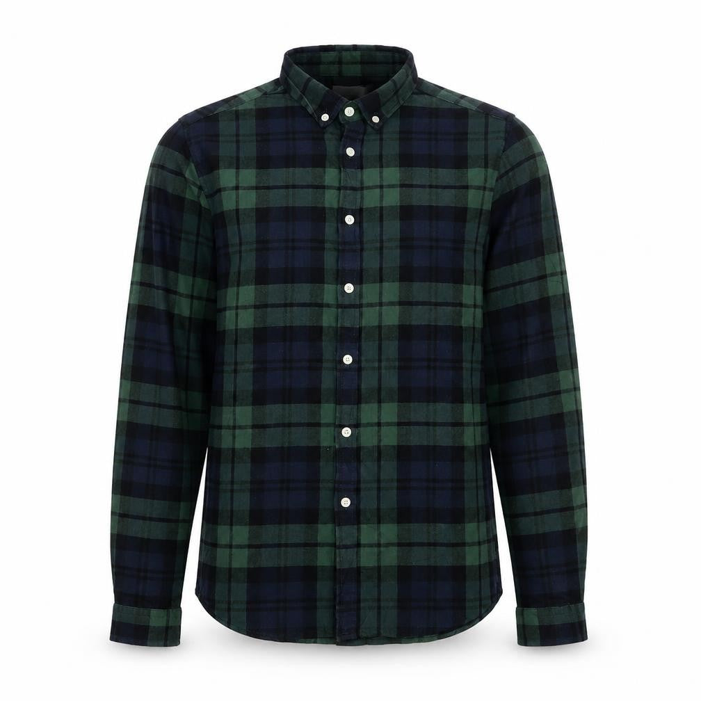 Front view of ASOS Men Green Navy Plaid Button-Down Long Sleeve Shirt M