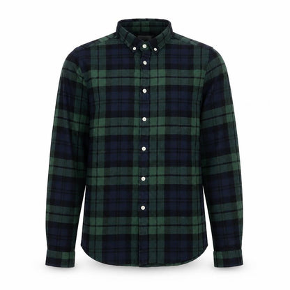 Front view of ASOS Men Green Navy Plaid Button-Down Long Sleeve Shirt M