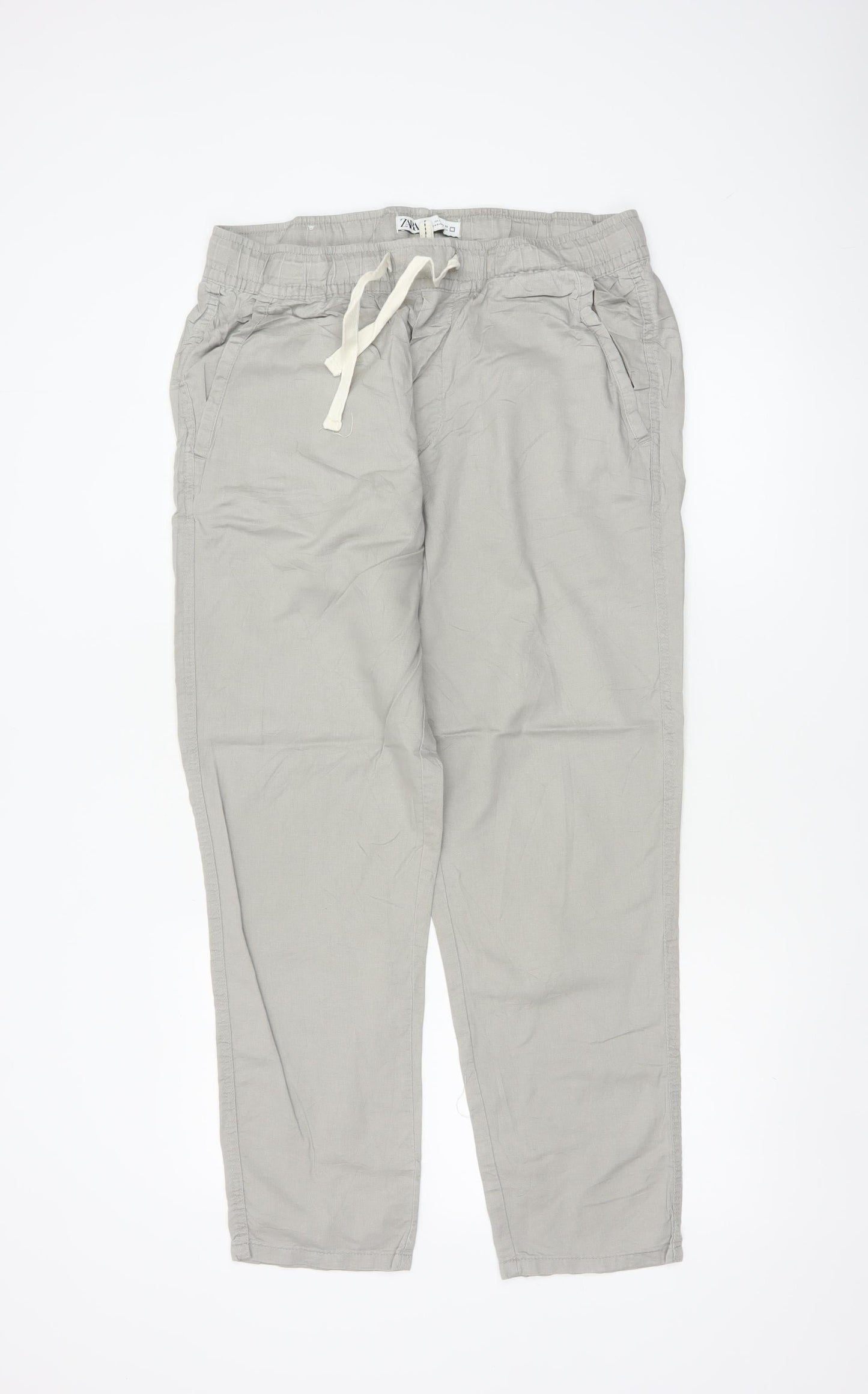 Zara Women Grey L Linen Blend Drawstring Tapered Trousers