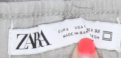 Zara Women Grey L Linen Blend Drawstring Tapered Trousers