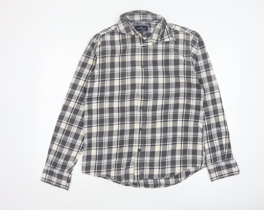 M&S Blue Harbour Men Grey Check Brushed Cotton Shirt Small Regular Fit